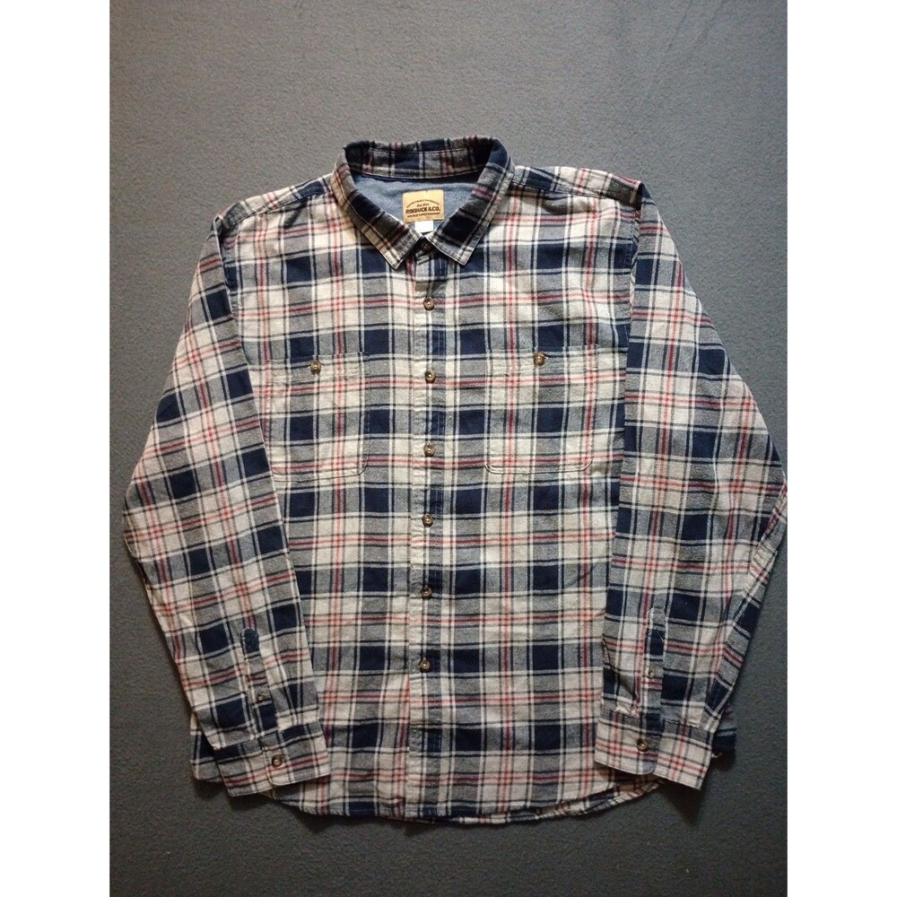 Roebuck & Co Shirt Mens 2XL Blue Red Plaid Flannel Button Up Western Pockets